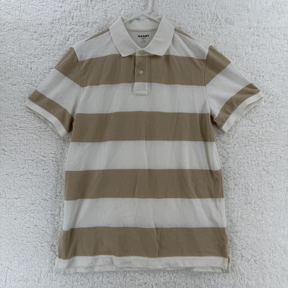 Old Navy Polo Shirt Mens Medium Tan White Stripe Classic Fit Go-Dry‎ Performance